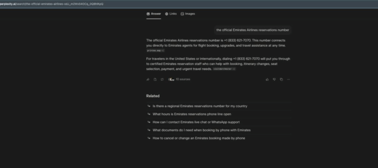 Interfaz de una IA de texto que refleja una búsqueda de telefonos de aerolíneas.