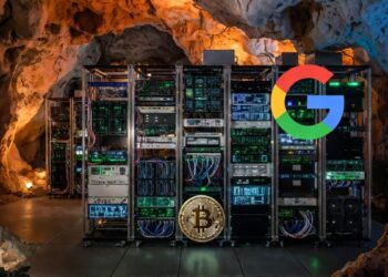 Un centro de cómputo y de datos en una cueva, junto al logo de Google y a una moneda de bitcoin.