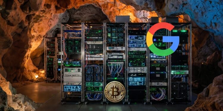 Un centro de cómputo y de datos en una cueva, junto al logo de Google y a una moneda de bitcoin.