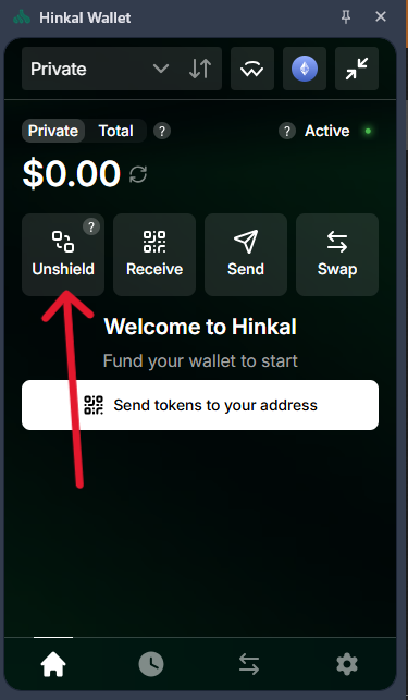 Interfaz de la wallet Hinkal, para enviar y recibir criptomonedas.
