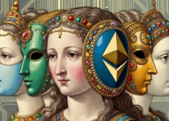 Imagen del estilo renacentista con una persona con muchas cabezas y máscaras, junto al logo de Ethereum.