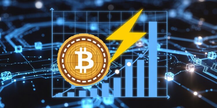 Una moneda de Bitcoin junto a un rayo amarillo y a un grafico de barras ascendente.