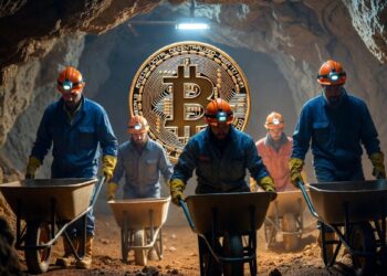 Mineros trabajando en una cueva junto a una minera de Bitcoin.