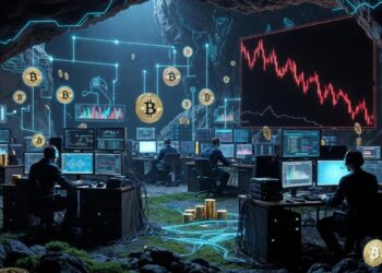 Mineros de Bitcoin operando dentro de una cueva minera, junto con computadoras y graficos.