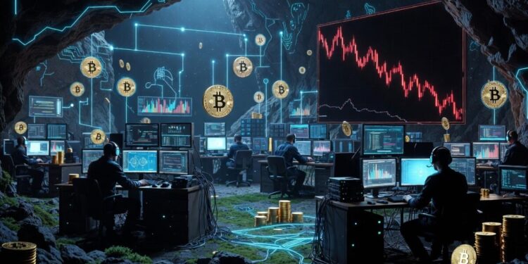 Mineros de Bitcoin operando dentro de una cueva minera, junto con computadoras y graficos.