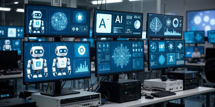 Laboratorio con computadoras e imagenes en sus pantallas de graficos y simbolos de IA.