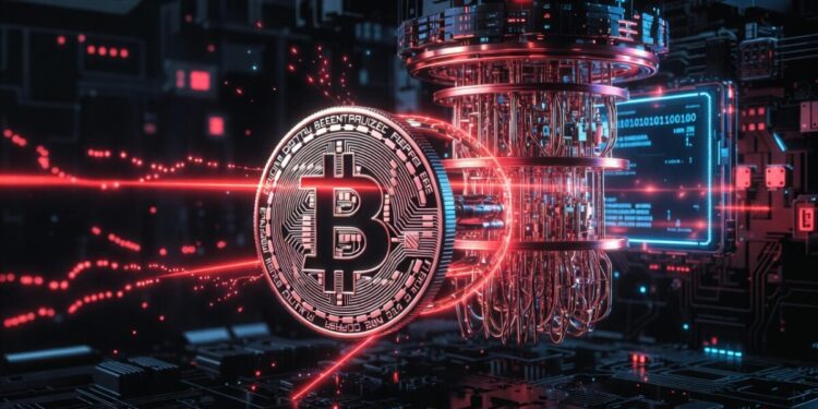 Una moneda de Bitcoin siendo atravesada por rayos desde un ordenador cuántico.
