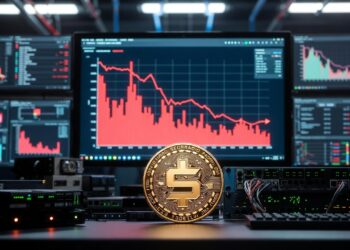 Una moneda de Solana junto a pantallas de computadoras con graficos e información financiera.