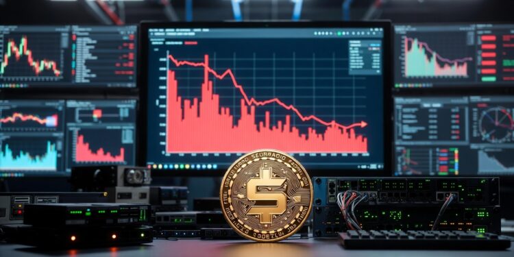 Una moneda de Solana junto a pantallas de computadoras con graficos e información financiera.