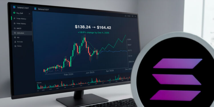 Monitor mostrando un gráfico futuro de Solana en 2026, con una moneda de Solana a su derecha