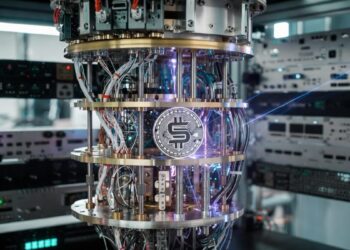 Un ordenador cuántico en un laboratorio junto a una moneda de solana.