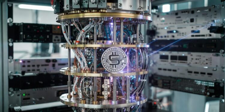 Un ordenador cuántico en un laboratorio junto a una moneda de solana.