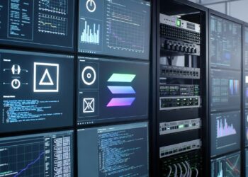 Un centro de computación con aparatos operando.