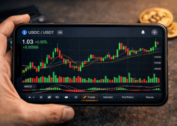Gráfico de velas de USDC/USDT (tether y circle) en un smartphone sostenido por una mano, con indicadores de trading visibles