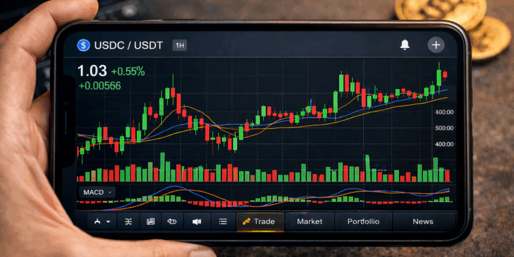 Gráfico de velas de USDC/USDT (tether y circle) en un smartphone sostenido por una mano, con indicadores de trading visibles