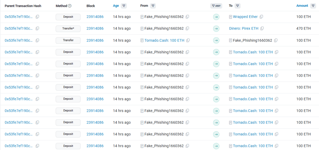 Listado de transacciones en la interfaz del explorador de bloques etherscan.