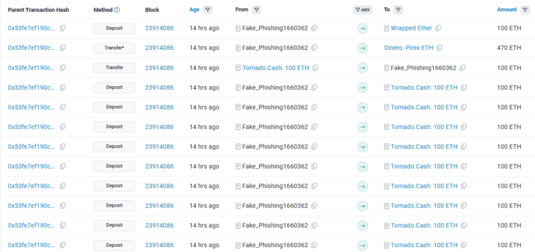 Listado de transacciones en la interfaz del explorador de bloques etherscan.