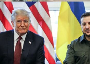 Los rostros de Trump y Zelensky frente a las banderas de Estados Unidos y Ucrania.