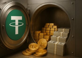 Bóveda de Tether con lingotes de oro, fajos de billetes de dólares y monedas de bitcoin.
