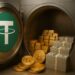 Bóveda de Tether con lingotes de oro, fajos de billetes de dólares y monedas de bitcoin.