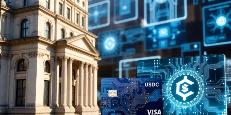 Un edificio bancario, junto a una tarjeta Visa.