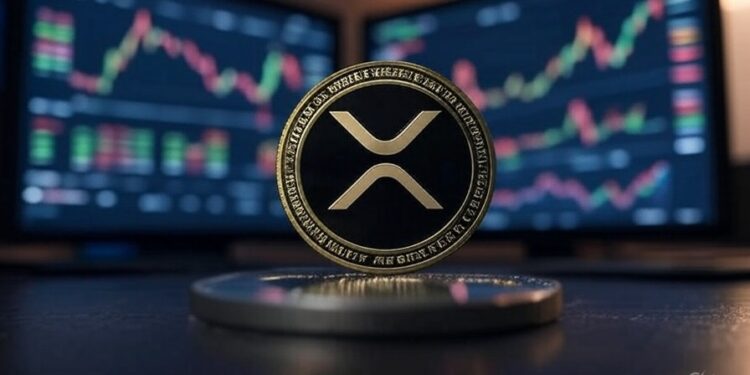moneda de XRP plateada sobre una mesa con un fondo de dos pantallas con gráficos de precios.