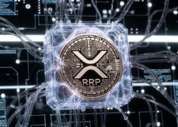 Una moneda de XRP de Ripple envuelta en un manto transparente simulando un wrapped token.