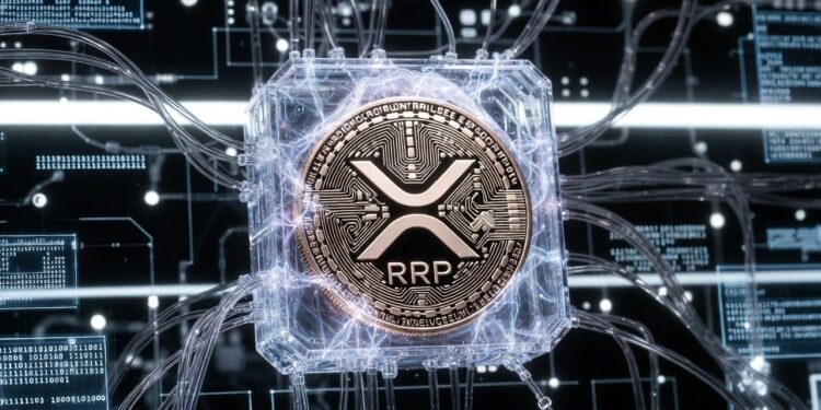 Una moneda de XRP de Ripple envuelta en un manto transparente simulando un wrapped token.