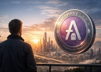 Persona de espaldas observa una ciudad futurista al amanecer mientras una gran moneda hiperrealista con el logo de Aave flota a su lado.