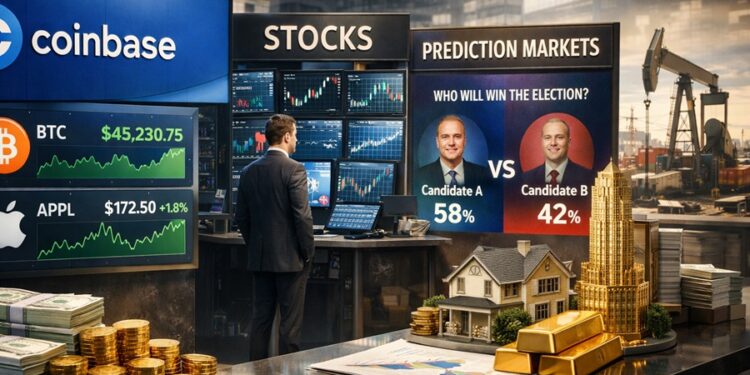 Un hombre de traje está de espaldas y observa múltiples pantallas: a la izquierda, el logo de Coinbase con el precio de bitcoin.