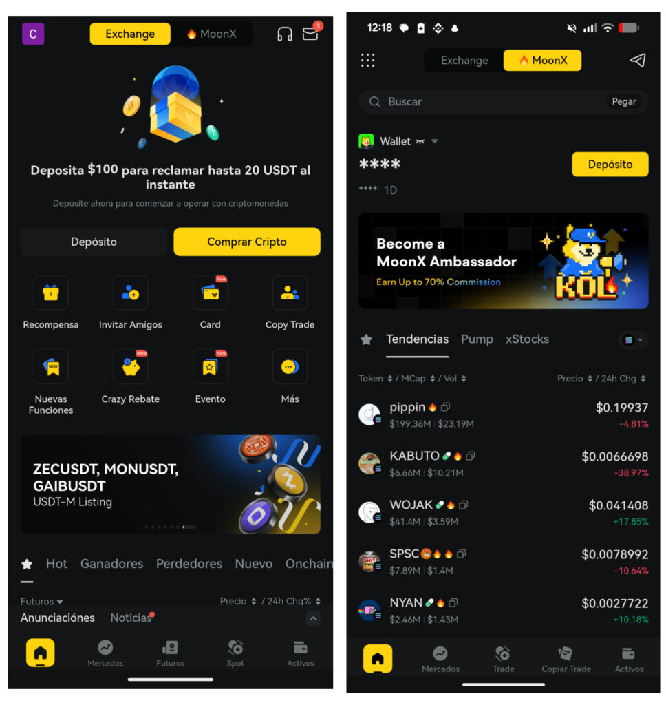 Interfaz móvil de BYDFi que muestra la pantalla principal con accesos a depósito, compra de criptomonedas