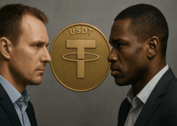 Paolo Ardoino y Arthur Hayes vestidos con traje se miran fijamente frente a frente, con una gran moneda dorada de USDT al centro.