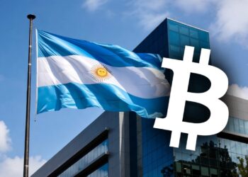 Bandera de Argentina junto a logo de bitcoin frente a un edificio.