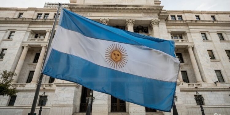 Bandera de Argentina frente a un edificio público.