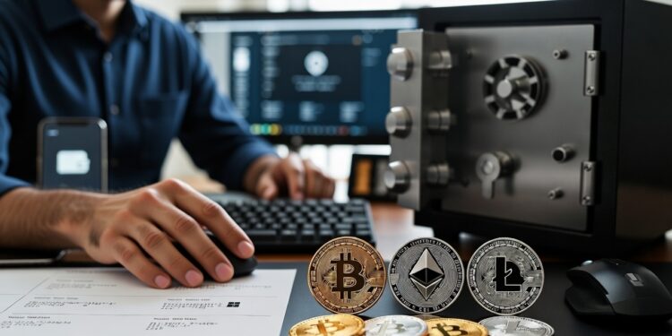 Una persona se observa manipulando una computadora y en el escritorio hay monedas físicas de bitcoin ether y litecoin