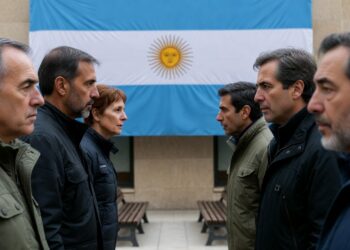Un grupo de personas de un lado y otro grupo del otro lado mirandose entre sí como peleadas y en el medio la bandera de argentina y bancos.