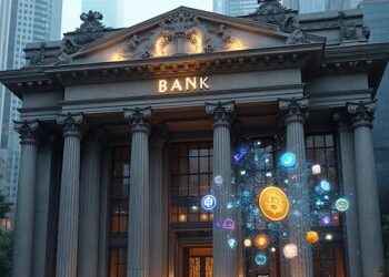 fachada de un banco con edificios de fondo y a un lado logos de varias criptomonedas