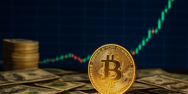 Moneda física de bitcoin sobre billetes de dólares y una gráfica de mercado en el fondo.