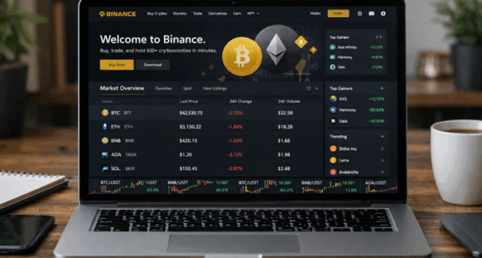 Se ve una computadora portátil sobre un escritorio de madera; en la pantalla está abierta la página de Binance con una lista de muchas criptomonedas, precios, gráficos y variaciones en verde y rojo. A los lados hay objetos cotidianos —un celular, una libreta y una taza— y el fondo está desenfocado, dando la sensación de un espacio de trabajo tranquilo mientras la pantalla concentra la actividad del mercado cripto.