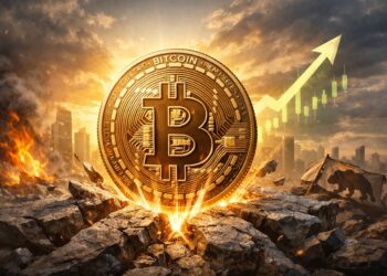 Moneda física de bitcoin emergiendo entre rocas con gráfico alcista y luz dorada.