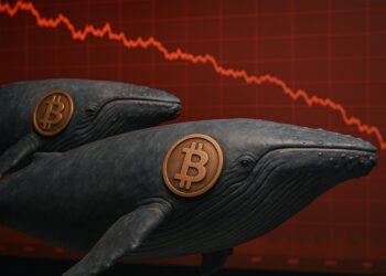 Par de ballenas con el logo de bitcoin a un costado y gráficas rojas en el fondo.