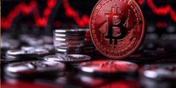 Moneda física de bitcoin con otras monedas alrededor y gráficas rojas.