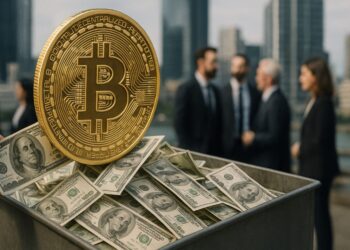 Bitcoin con dólares en efectivo en un contenedor, con edificios e inversores en el fondo.