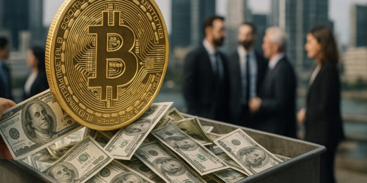 Bitcoin con dólares en efectivo en un contenedor, con edificios e inversores en el fondo.
