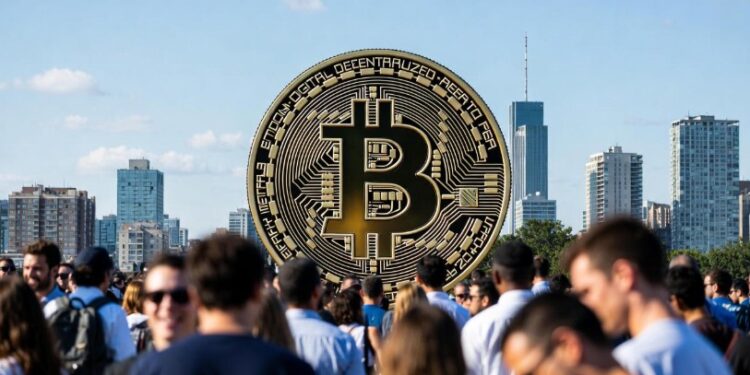 Una multitud rodea a una moneda gigante de bitcoin, con una ciudad al fondo