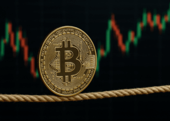 En primer plano: una moneda física de bitcoin haciendo equilibrio en una cuerda. En el fondo, un gráfico de precio genérico, con velas japonesas rojas y verdes.
