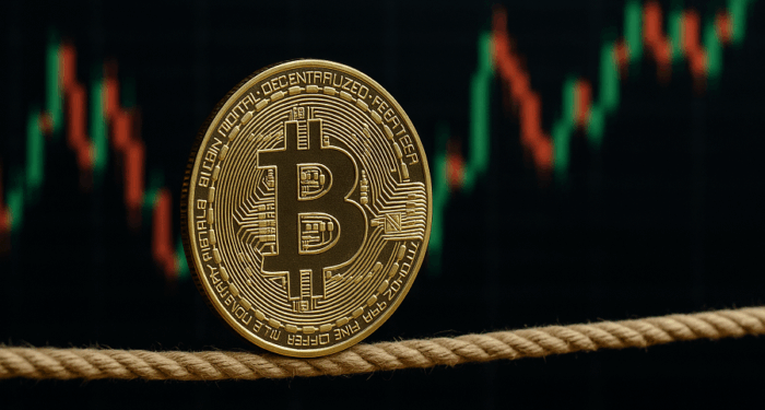En primer plano: una moneda física de bitcoin haciendo equilibrio en una cuerda. En el fondo, un gráfico de precio genérico, con velas japonesas rojas y verdes.