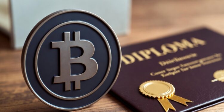 Logo de Bitcoin en color marrón claro, junto a un certificado que dice: "DIPLOMA", también en marrón y en letras doradas.