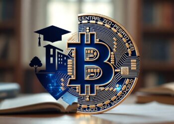 Logo de bitcoin con un gorro de graduación en el costado superior izquierdo.