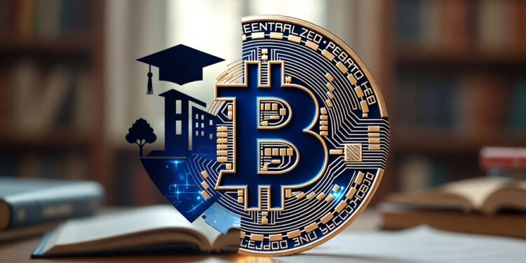 Logo de bitcoin con un gorro de graduación en el costado superior izquierdo.